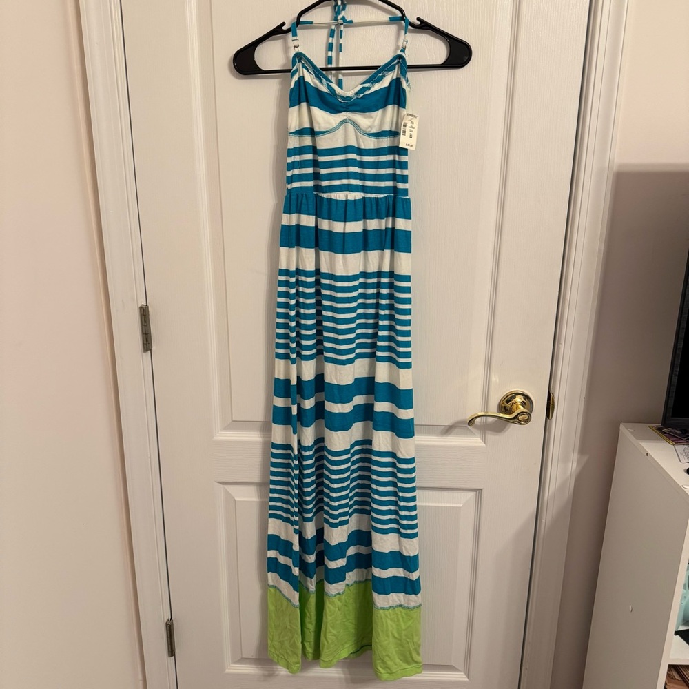 Aeropostale Blue & White Striped Maxi Dress w/ Green Trim New Size S